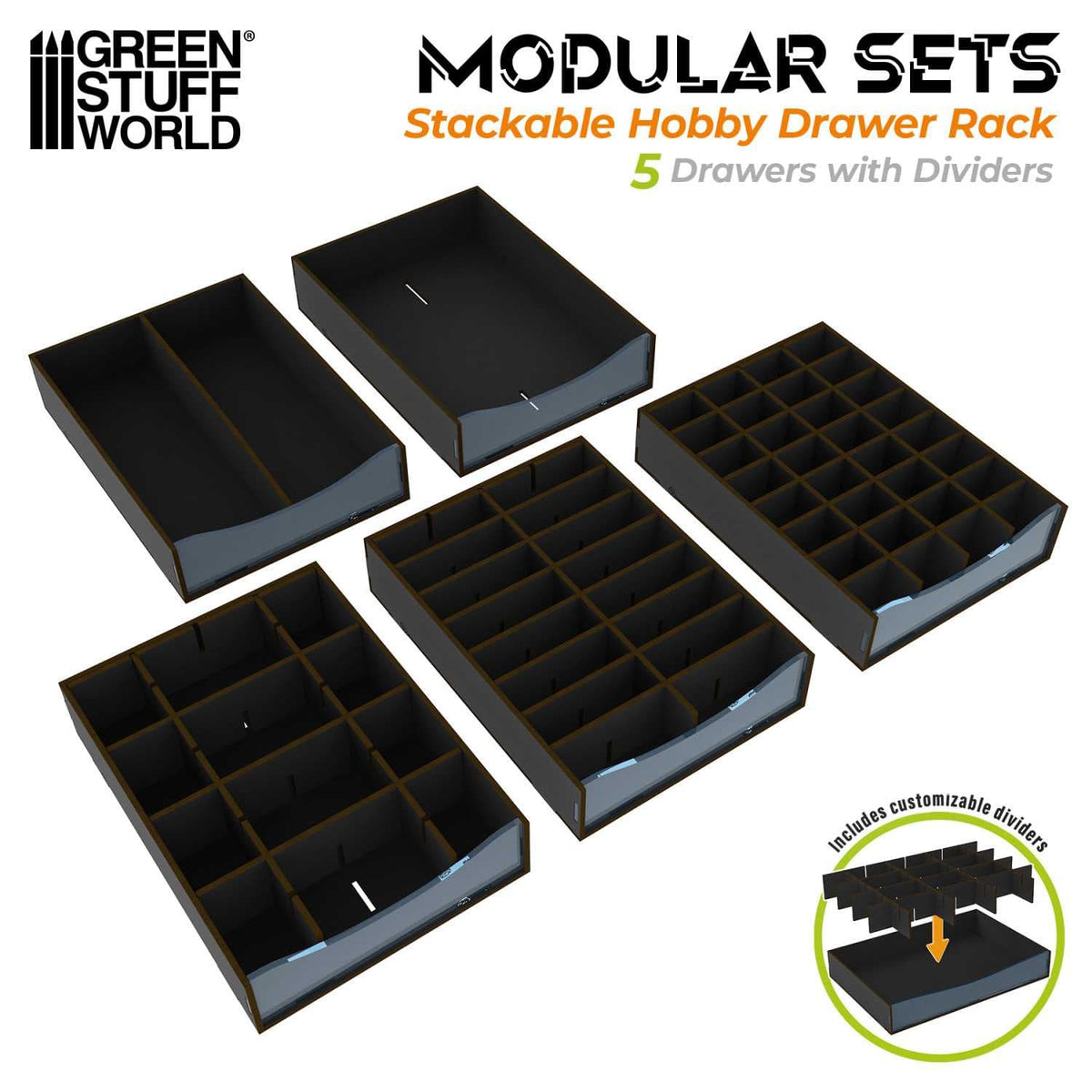 Green Stuff World: Stackable Hobby Drawer Rack with 5 Horizontal Drawers - Black