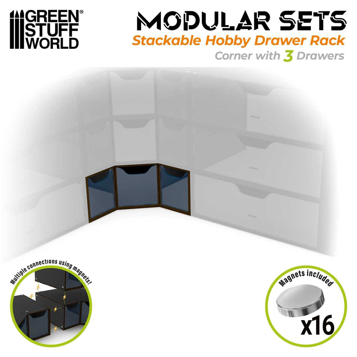 Green Stuff World: Stackable Hobby Storage Corner Module with Drawers - Black
